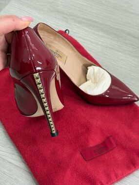 Valentino Garavani Red Patent Leather Pointed-Toe Pumps with Stud-Trim Heel